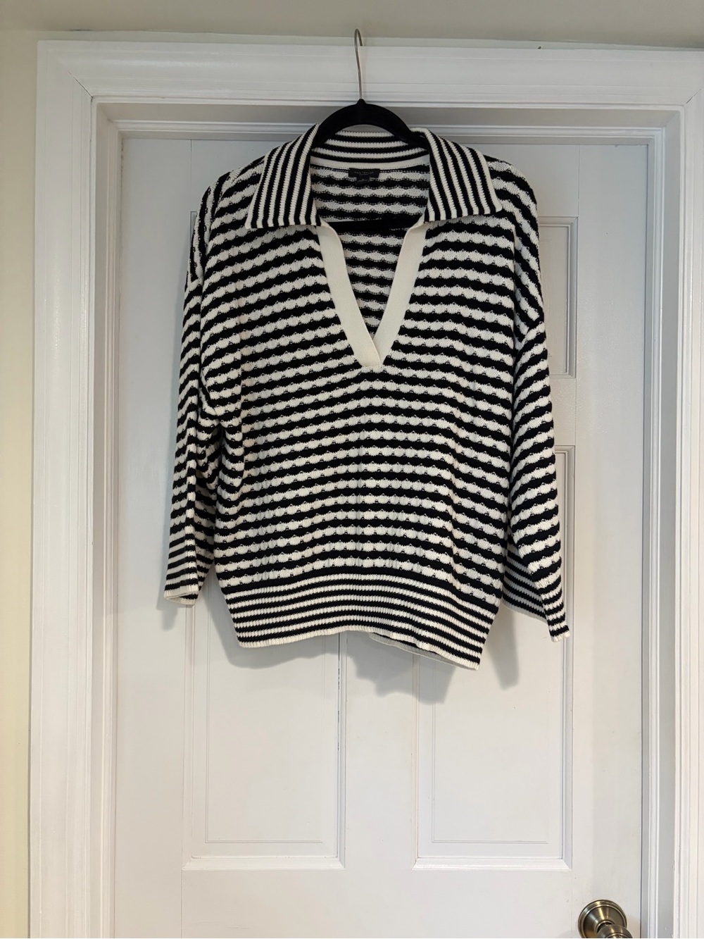 Ann Taylor Black and White Striped V-Neck Collared Sweater